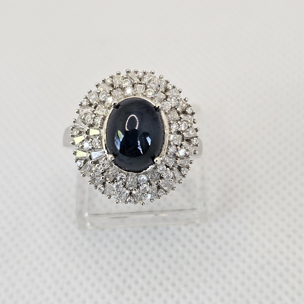 Genuine Blue Star Sapphire & Moissanite Ring Platinum Over Sterling Silver Sz 7!